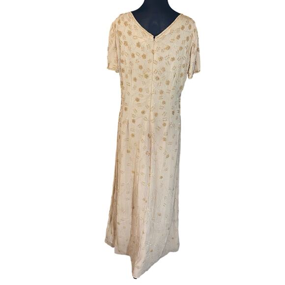 Adrianna Papell 100% Silk Beaded Gown Champagne Gold modest 14 formal cocktail - Picture 3 of 9